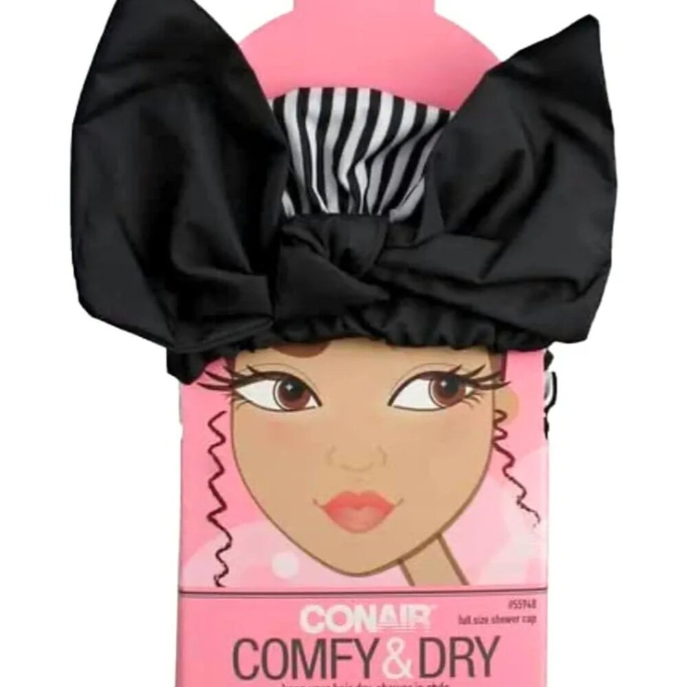 CONAIR SHOWER CAP WITH BOW -BLACK /WHITE STRIPED RUBBER UNISEX ONE SIZE